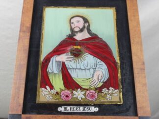 A8/ Hinterglasmalerei Heiligenbild ~1850 Herz Jesu im Biedermeier Rahmen /H
