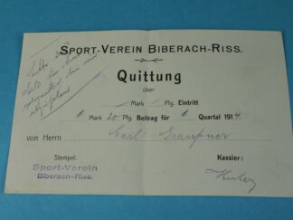 Sportverein Biberach / Riß - Orig. Quittung v. 1914 - Carl Graupner /S1